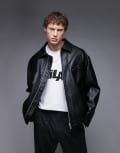 [Topman] Topman faux leather bomber jacket in black-Brown S Black