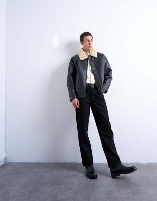 Topman Faux Leather Bomber Jacket With Faux Shearling Collar In Black