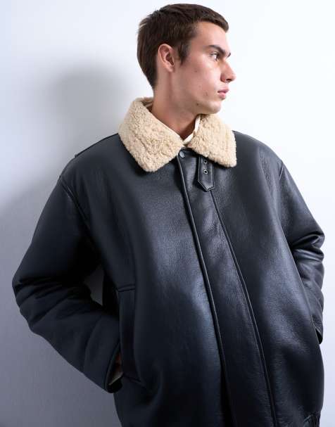 Topman faux leather bomber jacket with shearling collar in black - view 1