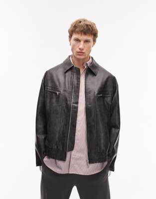 Topman Topman faux leather bomber jacket with wash effect in black