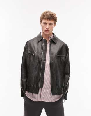 faux leather bomber jacket with wash effect in black