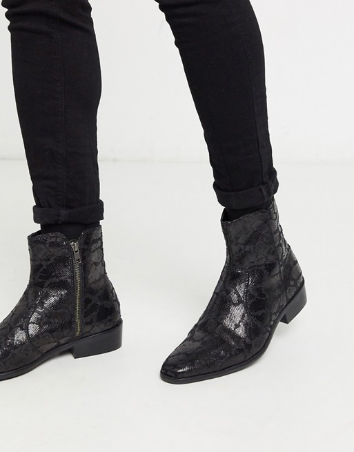 Topman faux leather boot with cuban heel in black