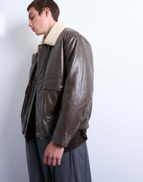 Topman faux leather borg collar washed jacket in chocolate - view 1