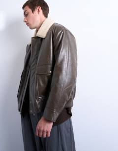 Faux leather borg collar washed jacket in chocolate