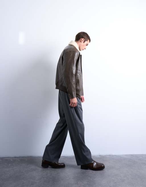 Topman faux-leather borg collar washed jacket in chocolate, 2 of 5