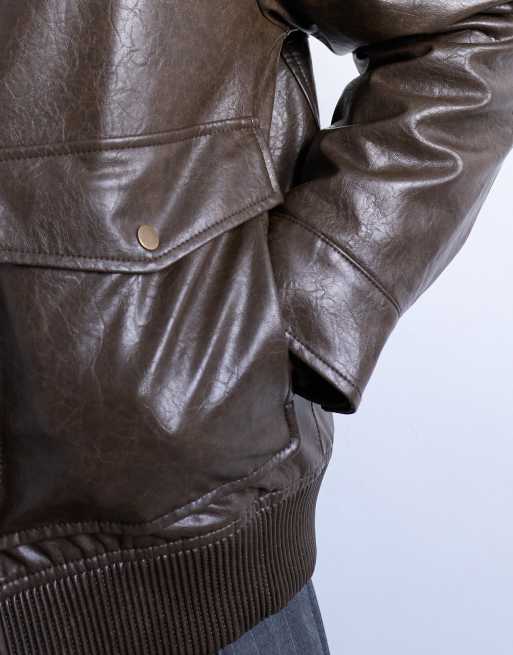 Topman faux-leather borg collar washed jacket in chocolate, 4 of 5