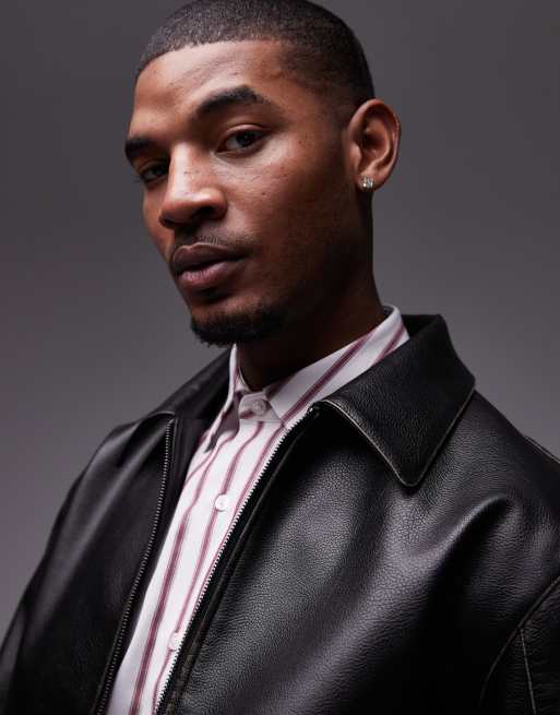 Topman faux leather harrington jacket in black