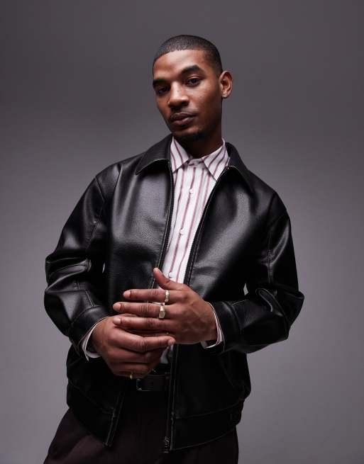 Topman faux leather harrington jacket in black