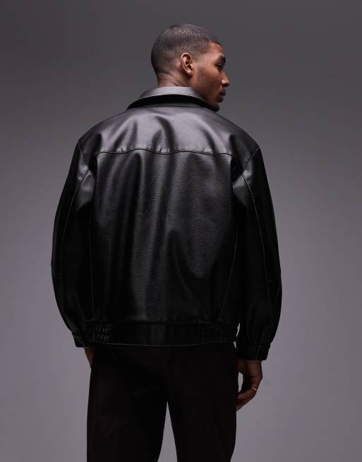 Topman faux leather harrington jacket in black