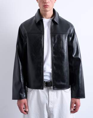 Topman Real Leather Harrington Jacket In Black