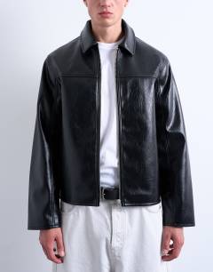 Faux leather harrington jacket in black