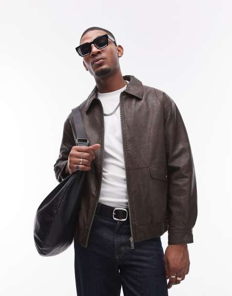 Topman faux leather harrington jacket in brown - view 1