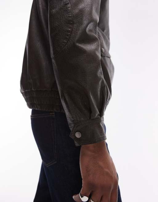 Topman faux leather harrington jacket in brown