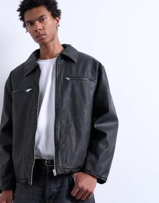 Topman Distressed Faux Leather Oversized Bomber Jacket In Black In Black