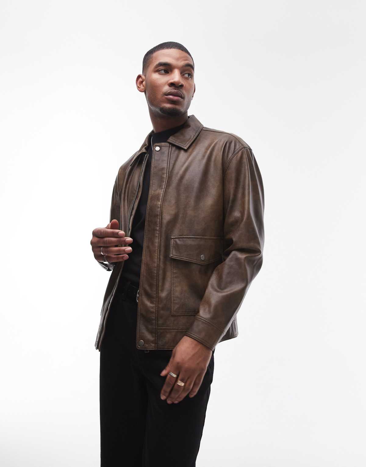 Topman faux leather jacket with front pockets in brown