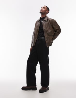Topman Faux Leather Jacket With Front Pockets In Brown