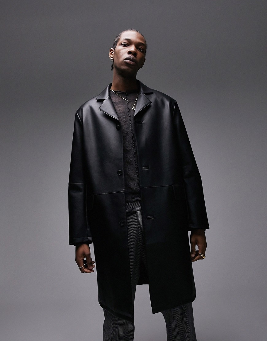 topman faux leather longline coat in black