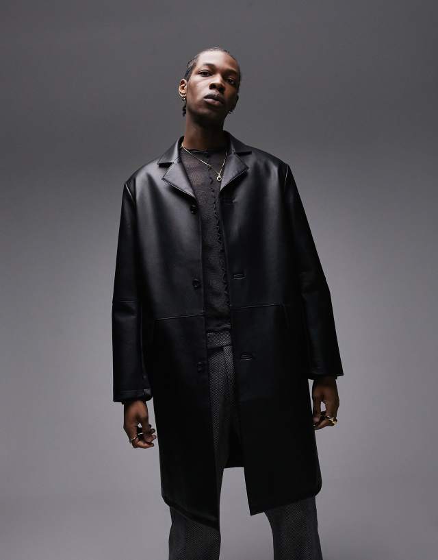 Topman - faux leather longline coat in black