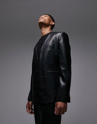 Topman faux leather oversized blazer in black