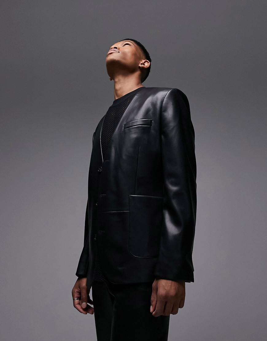 Topman faux leather oversized blazer in black