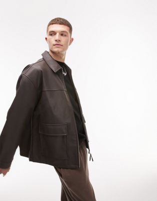 Topman Faux Leather Oversized Jacket In Brown