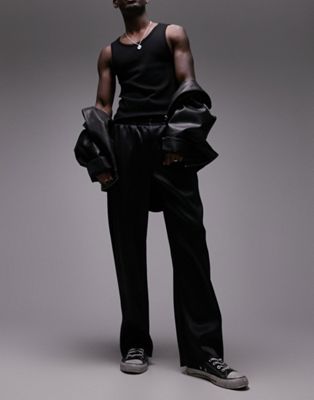 Topman faux leather plisse straight leg jogger in black - ASOS Price Checker