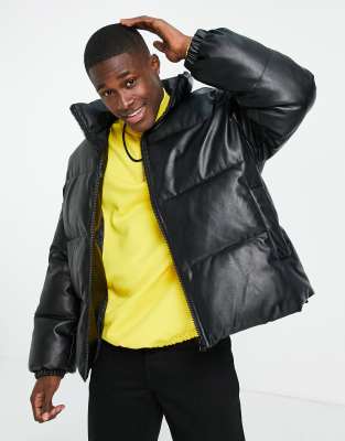 Topman faux leather puffer jacket in black