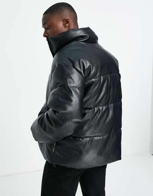 TOPMAN Faux Leather Puffer Jacket in Black for Men