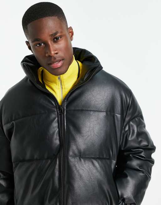 TOPMAN Faux Leather Puffer Jacket in Black for Men