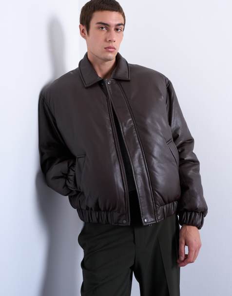 Topman faux leather puffer jacket in chocolate - view 1