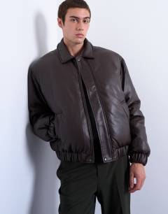 Faux leather puffer jacket in chocolate
