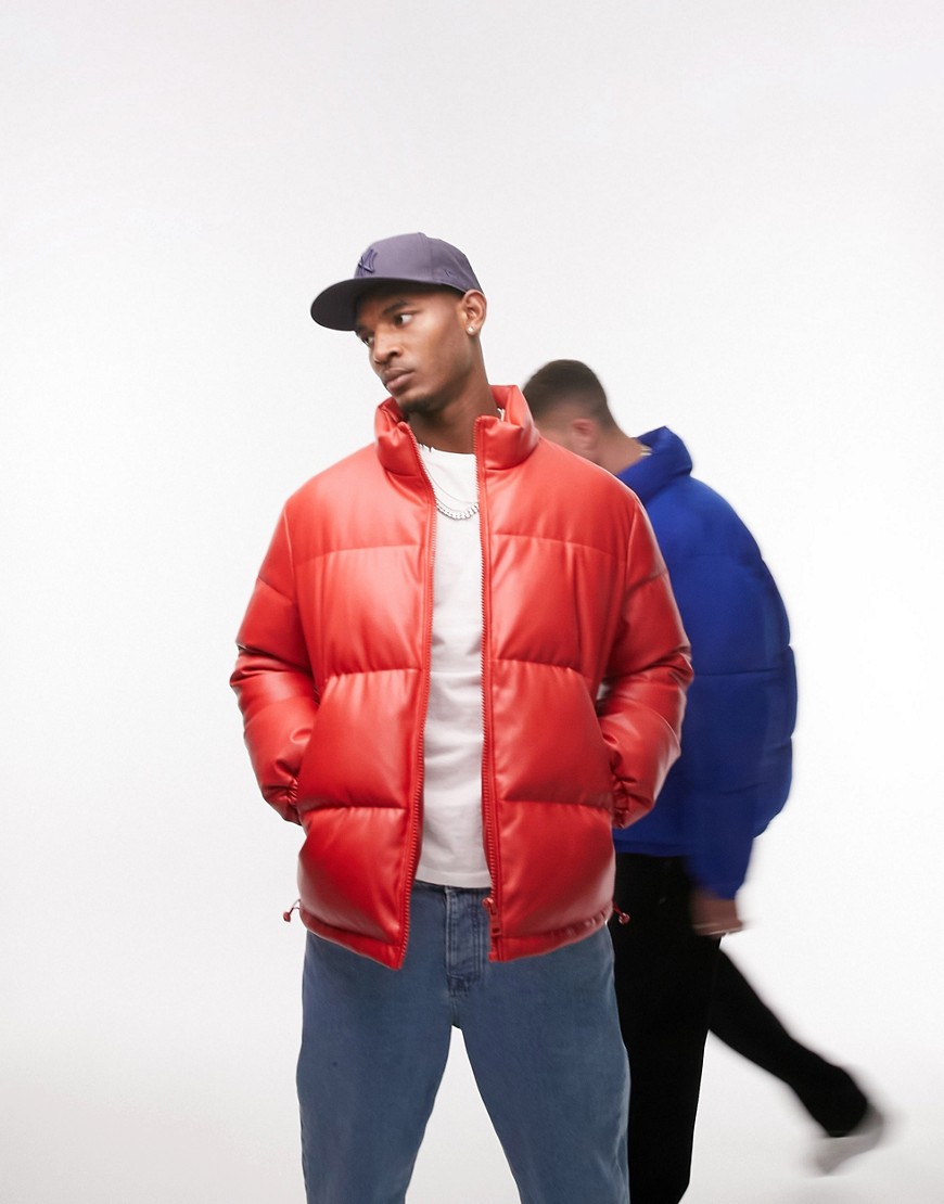 Topman faux leather puffer jacket in red