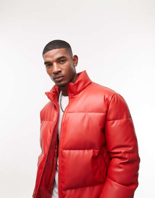 Topman faux leather puffer jacket in red ASOS