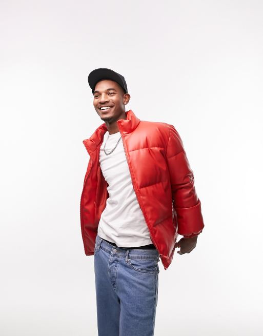 Topman faux leather puffer jacket in red