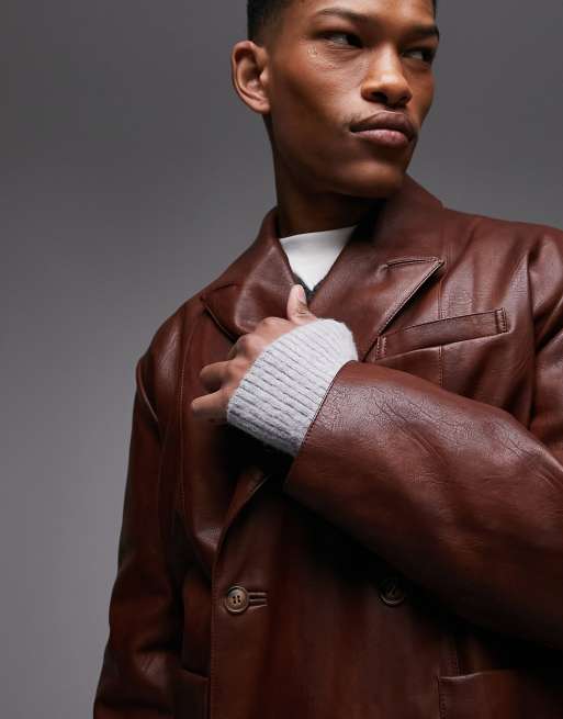 Topman faux leather quilted short jacket in brown ASOS