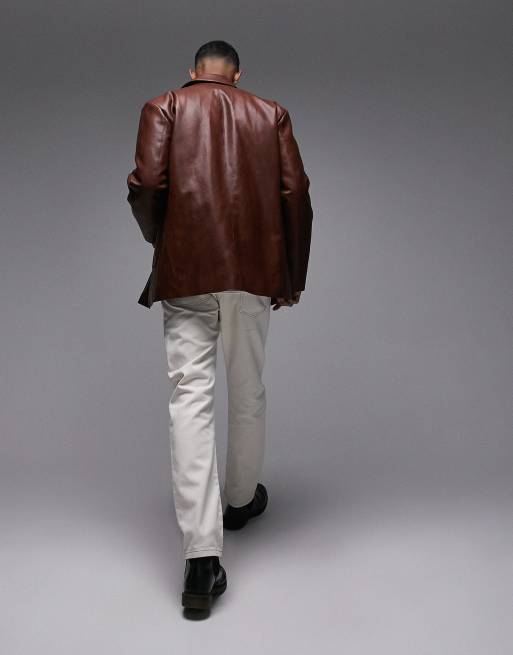 Topman faux leather quilted short jacket in brown, 4 of 4