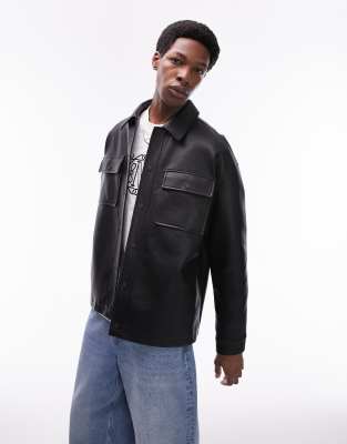 Topman Faux Leather Shacket In Black