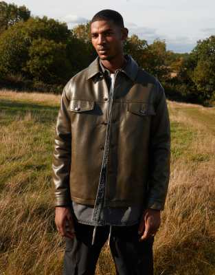 Topman Faux Leather Shacket In Khaki-green ModeSens
