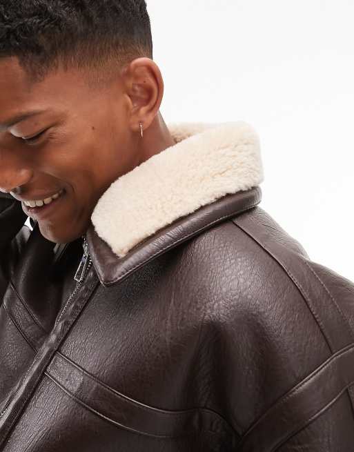 Faux leather shearling sales jacket mens