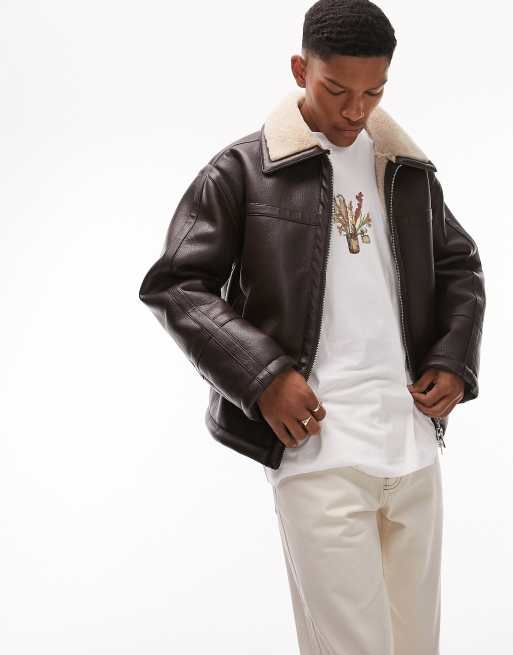 Faux leather 2024 shearling jacket mens