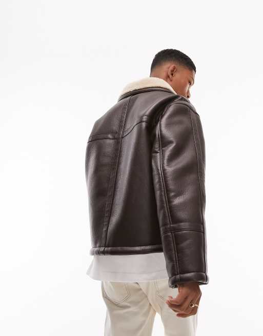 Topman faux leather shearling aviator jacket in brown