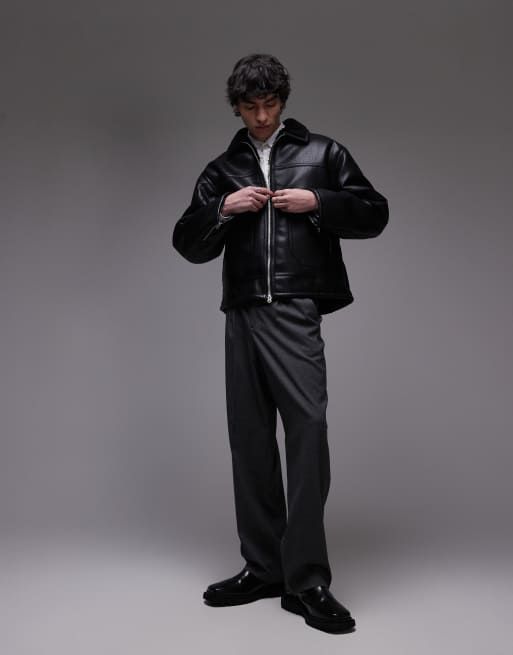 Topman faux leather shearling jacket with pocket detail in black, 2 of 4