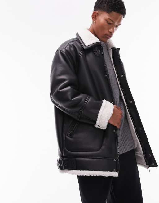 Topman faux leather shearling longline aviator jacket in black ASOS