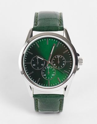 Topman faux leather strap watch in black in with emerald dial