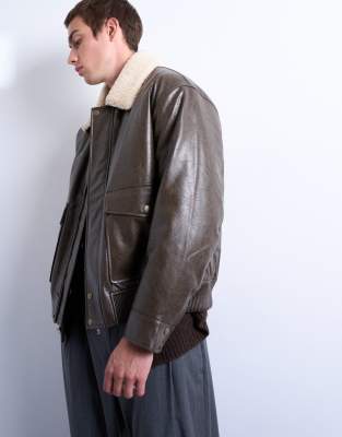 Topman Faux Leather Teddy Collar Washed Jacket In Brown