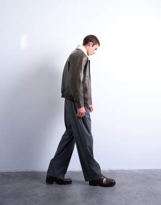 Topman Faux Leather Teddy Collar Washed Jacket In Brown