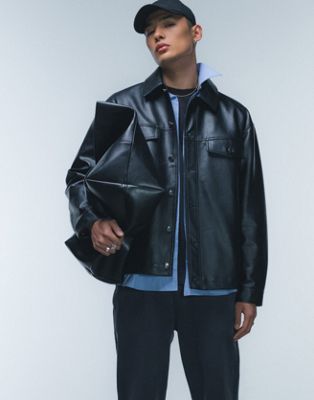 Topman faux leather western jacket in black