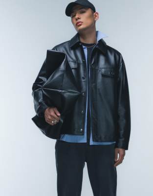 Topman Faux Leather Western Jacket In Black