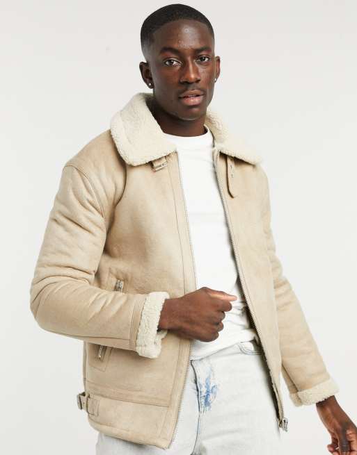 Topman faux shearling aviator in stone IiscmShops