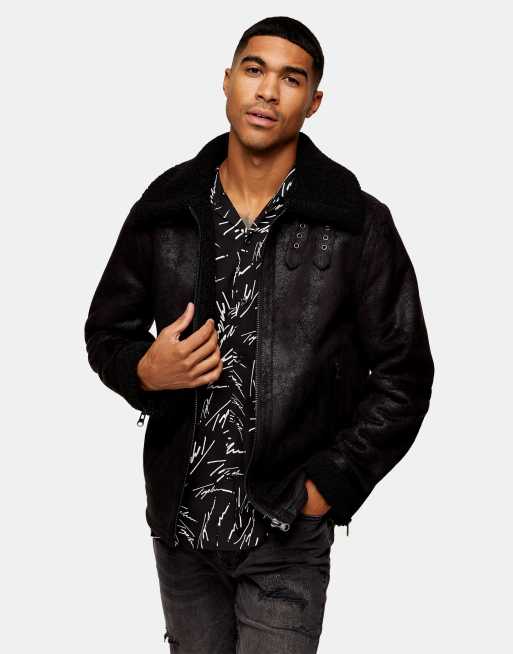 Topman faux shearling aviator jacket in black ASOS